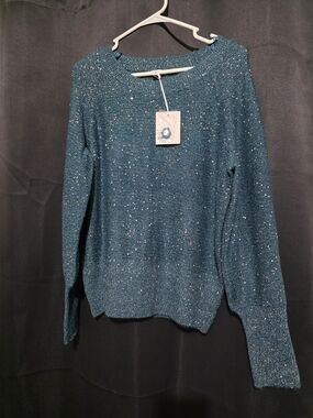 LC Lauren Conrad Teal Metallic Fleck Crewneck Sweater